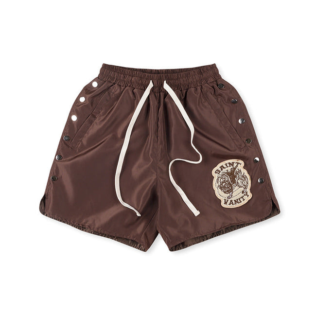 SAINT VANITY Graphic Side-Snap Nylon Shorts - Brown Hover Image