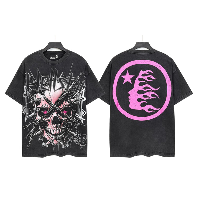 HELLSTAR Barbed Wire Skull Pink Circle Logo Double‑Sided Short Sleeve Tee Black Washed Streetwear T‑Shirt Hover Image