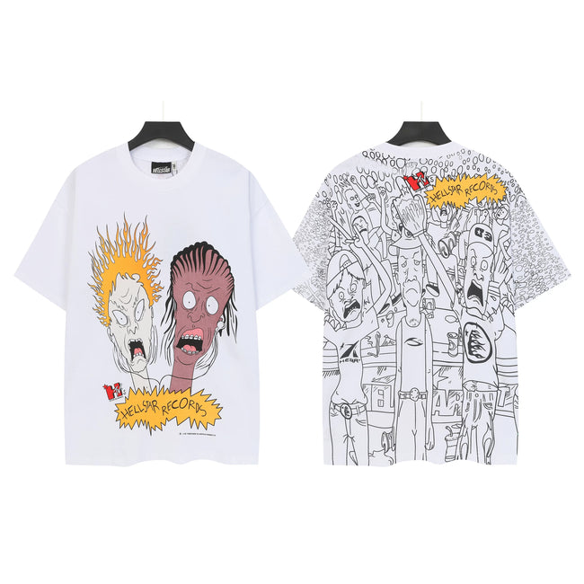 HELLSTAR Weird Cartoon Character Double‑Sided Short Sleeve Tee White Streetwear T‑Shirt Hover Image