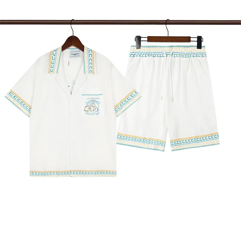 Casablanca Embroidered Trim Resort Shirt & Shorts Two Piece Set