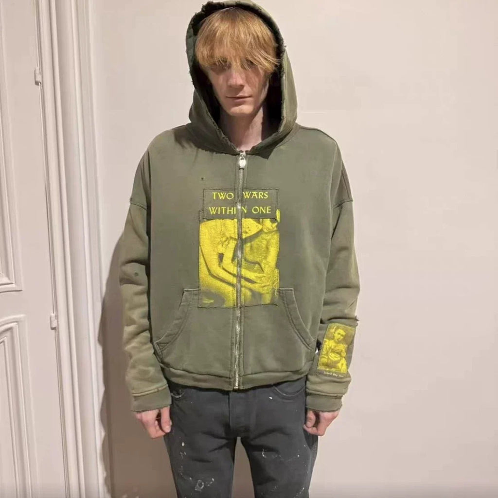 Enfants Riches Déprimés Yellow Graphic Zip-Up Hoodie - Olive Green