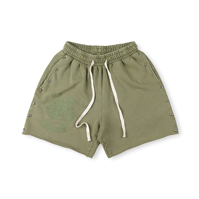 SAINT VANITY Vintage Graphic Side-Snap Casual Shorts - Olive Green / Vintage Wash Hover Image