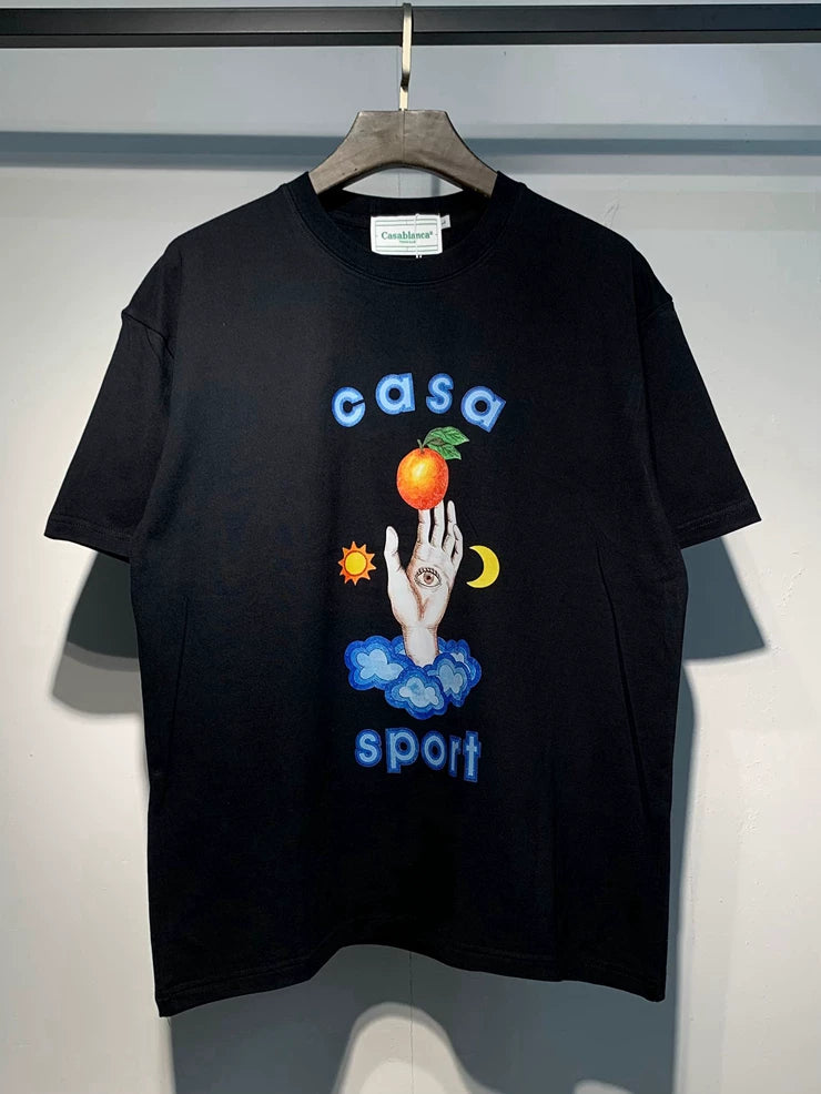 Casablanca Casa Sport Hand Peach Sun Moon Graphic Black Short Sleeve T-Shirt Unisex