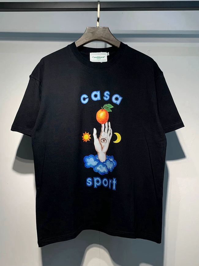 Casablanca Casa Sport Hand Peach Sun Moon Graphic Black Short Sleeve T-Shirt Unisex Hover Image