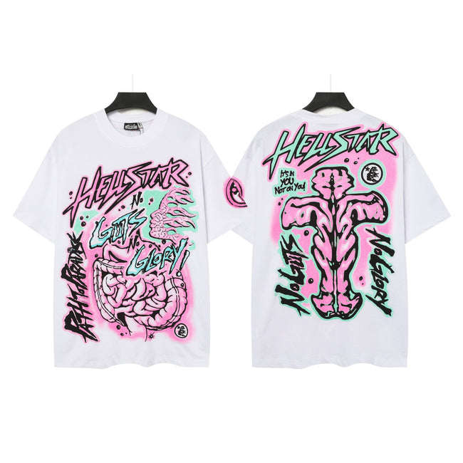 HELLSTAR No Guts No Glory Neon Organ Skeleton Double‑Sided Vintage Washed Short Sleeve Tee White Streetwear T‑Shirt Hover Image