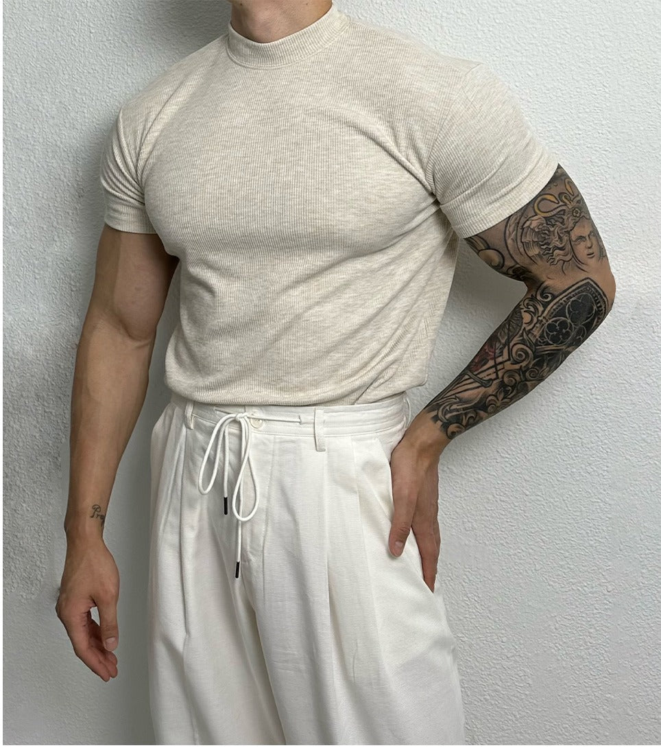 Ribbed Half Turtleneck Short Sleeve Pullover