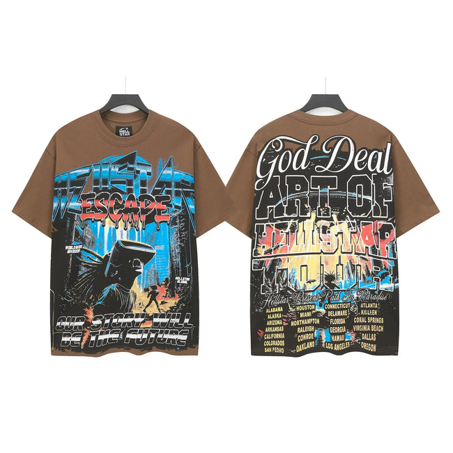 HELLSTAR God Deal Escape Tour‑Style Double‑Sided Vintage Washed Short Sleeve Tee Brown Streetwear T‑Shirt Hover Image