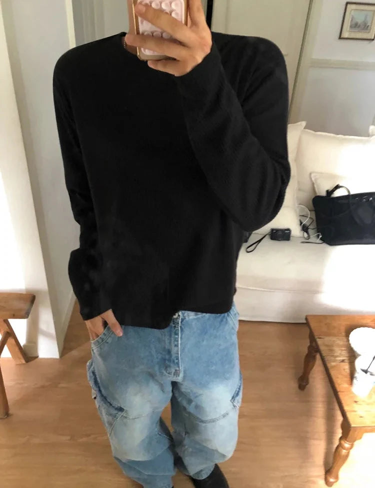 Waffle Knit Crew Neck Long Sleeve Pullover
