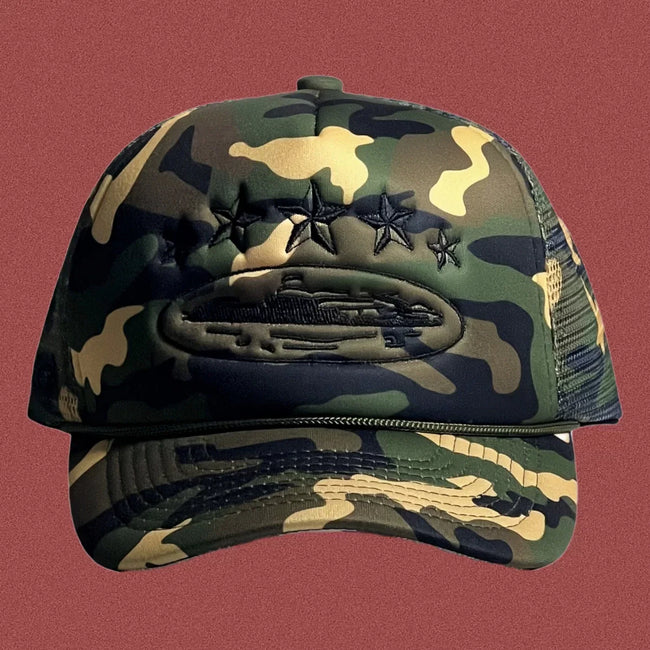 Corteiz Vintage Camo Trucker Hat with Tonal Stars and Cruise Ship Graphic Hover Image