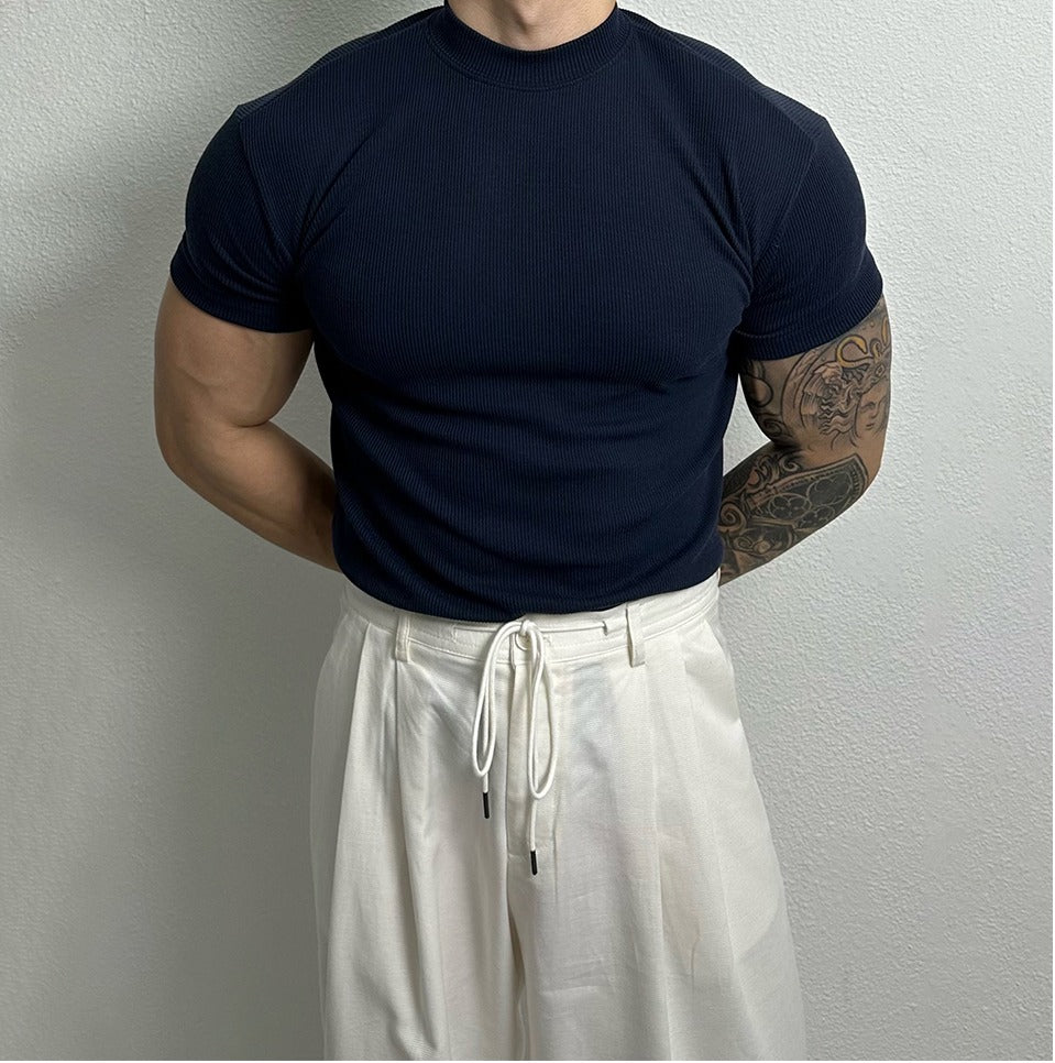 Ribbed Half Turtleneck Short Sleeve Pullover