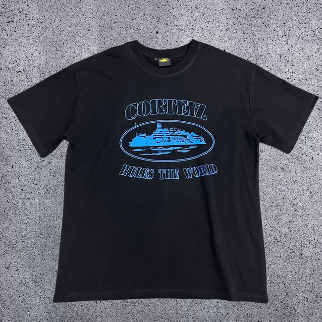 Corteiz "Rules The World" Alcatraz Graphic Tee (Black & Royal Blue Edition) Hover Image