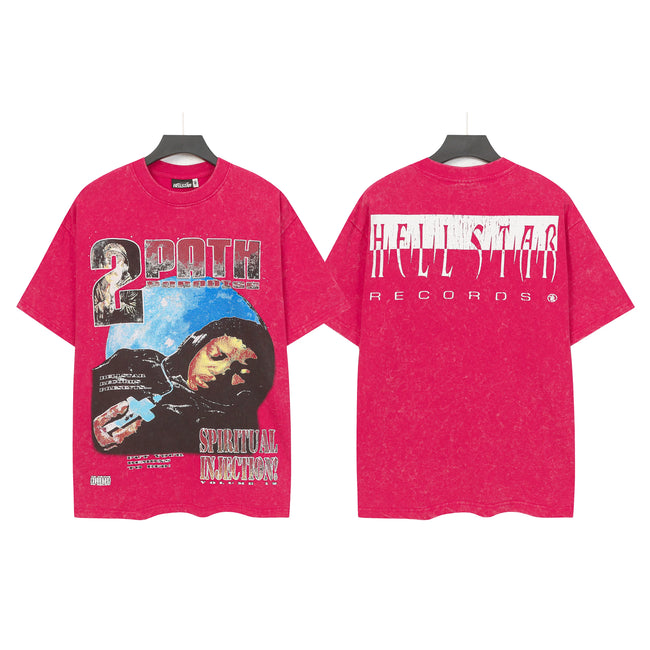 HELLSTAR "2 Path Spiritual Injection" Cosmic Portrait Double‑Sided Short Sleeve Tee Red Washed Streetwear T‑Shirt Hover Image