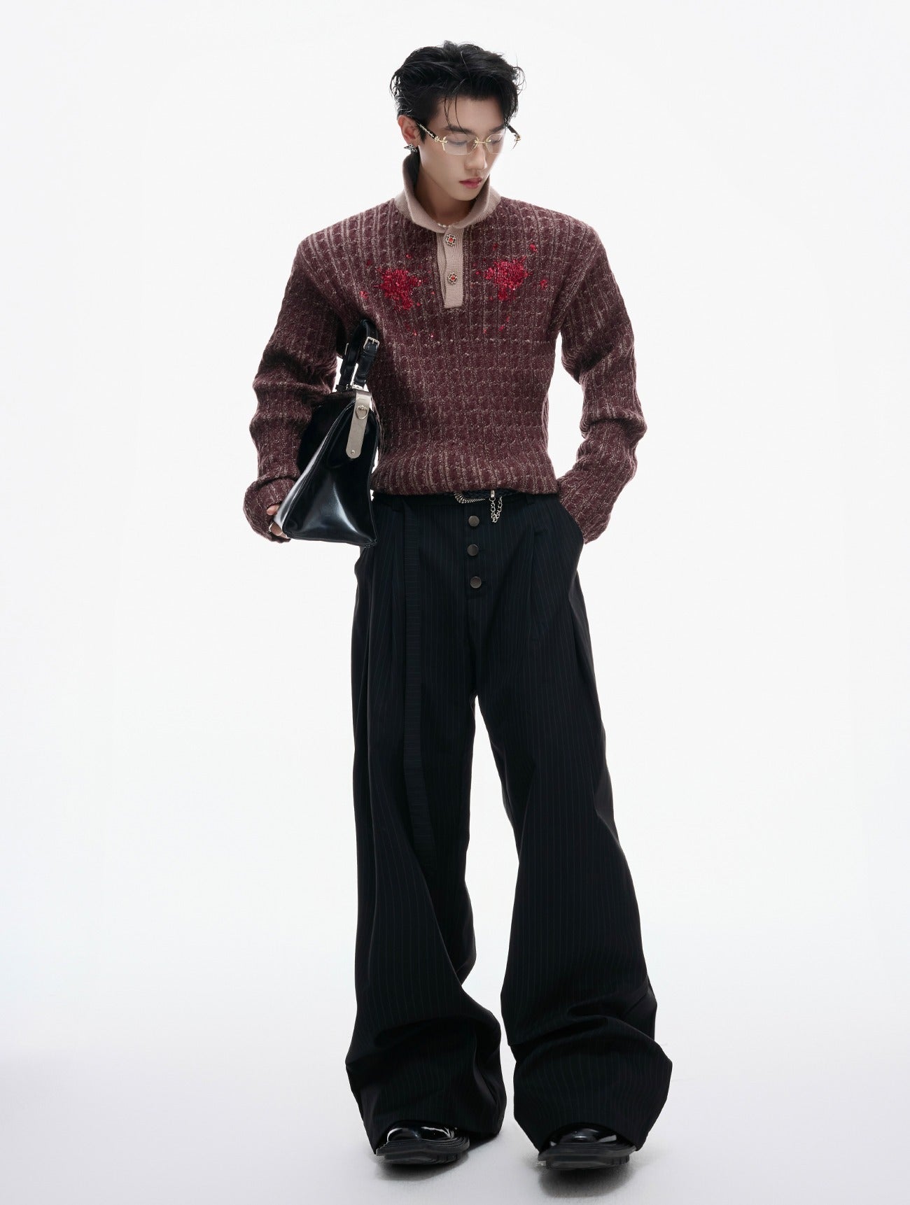 Sequined Lapel Knit Sweater