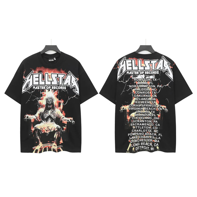 HELLSTAR Plaster Of Records Throne Skeleton World Tour Double‑Sided Short Sleeve Tee Black Streetwear T‑Shirt Hover Image