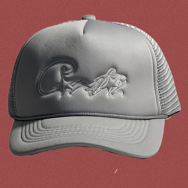 Corteiz Vintage Grey Trucker Hat with Tonal Script and Star Graphic Hover Image