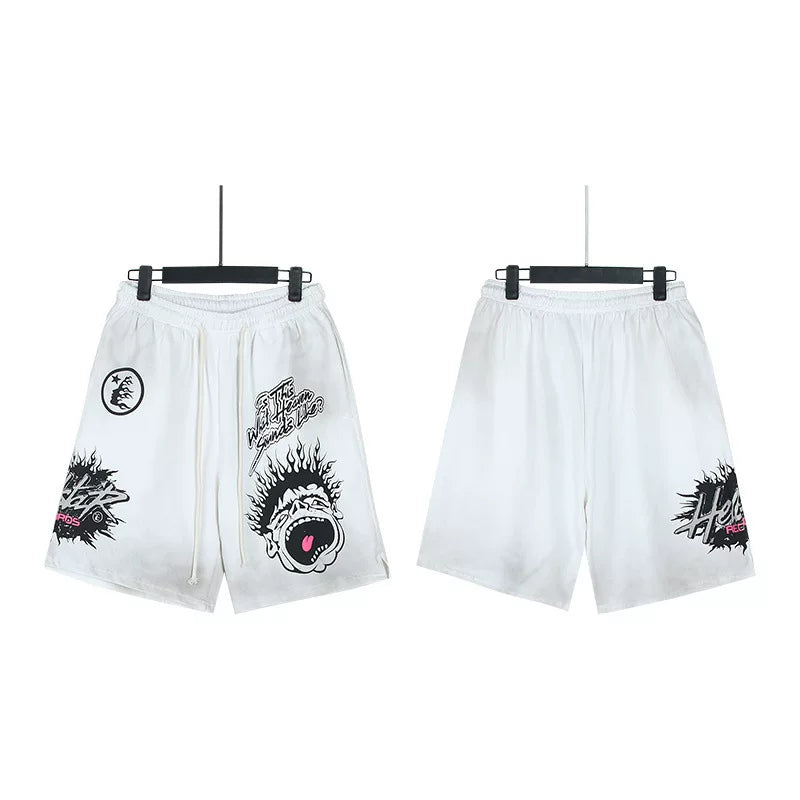 Hellstar Punk Cartoon Graphic Gradient Washed White Streetwear Shorts