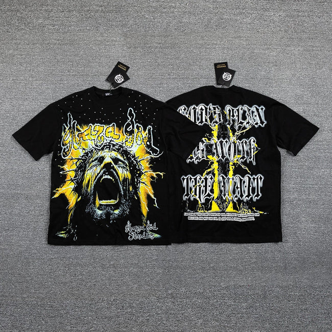 GLAZA GOD Men's Vintage Graphic Oversized T-Shirt – Dragon Print Streetwear Double-Sided Casual Tee Hover Image