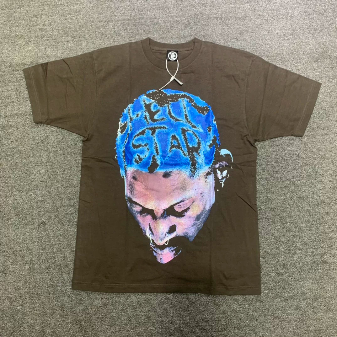 HELLSTAR Rodman Portrait Vintage Washed Short Sleeve Tee Brown Streetwear T‑Shirt