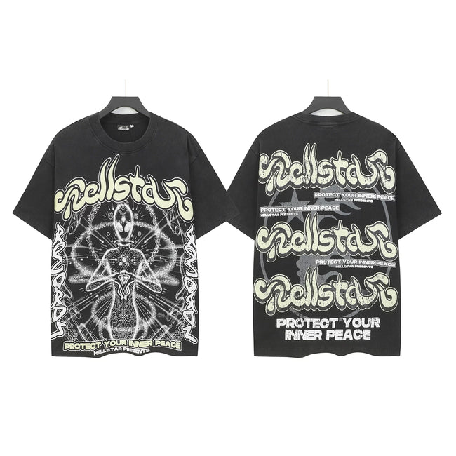 HELLSTAR "Protect Your Inner Peace" Mystic Spiritual Figure Double‑Sided Short Sleeve Tee Black Washed Streetwear T‑Shirt Hover Image