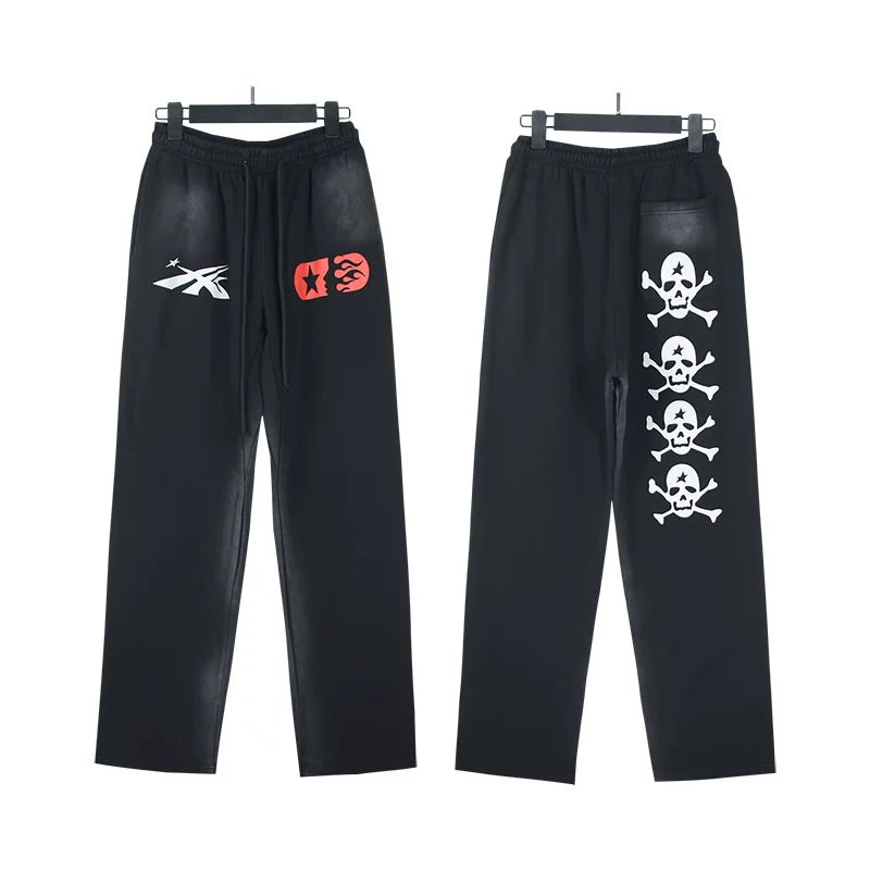 HELLSTAR Skull Graphic Gradient‑Wash Wide Leg Sweatpants Black Streetwear Trousers