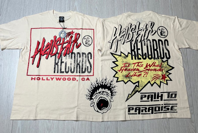 HELLSTAR Records Hollywood CA Vintage Washed Short Sleeve Tee Cream Streetwear T‑Shirt Hover Image