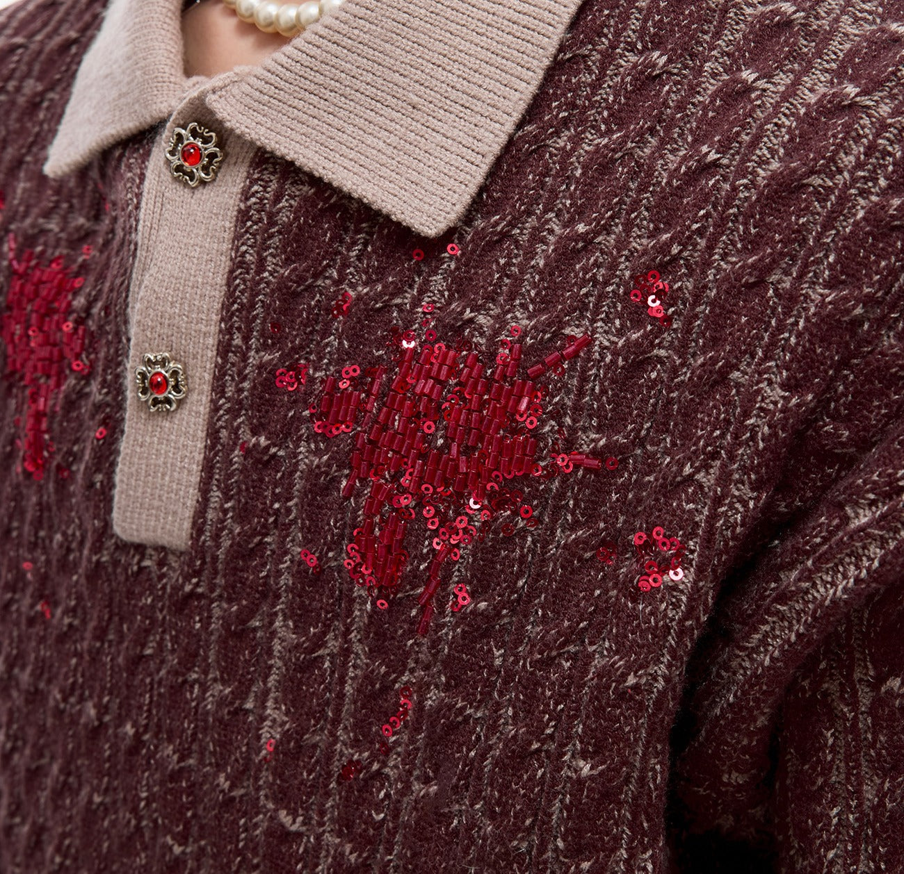 Sequined Lapel Knit Sweater