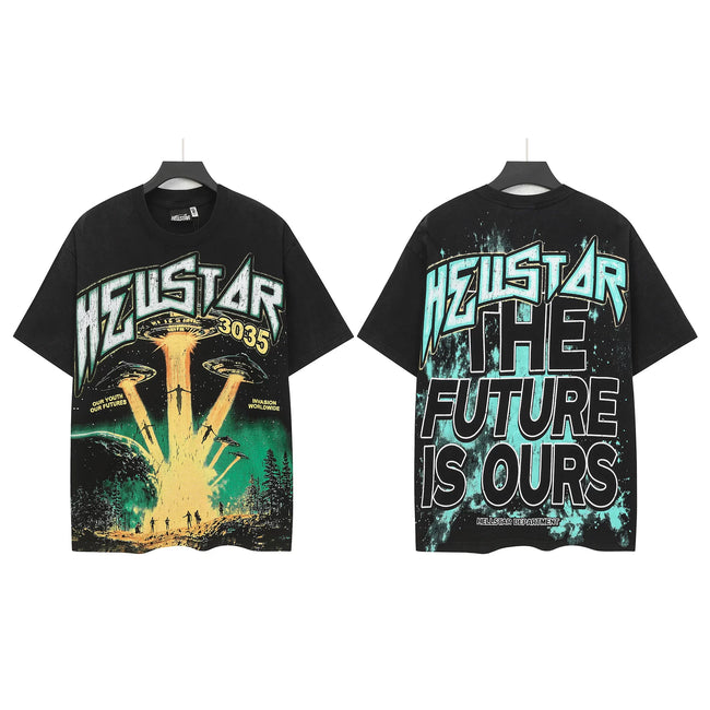 HELLSTAR 3035 UFO Invasion "The Future Is Ours" Double‑Sided Short Sleeve Tee Black Washed Streetwear T‑Shirt Hover Image