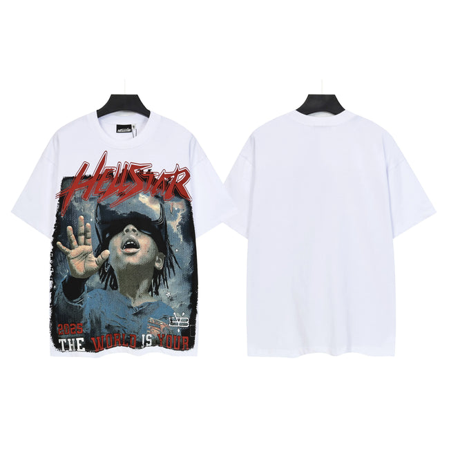 HELLSTAR "The World Is Yours" Vintage Portrait Front‑Print Short Sleeve Tee White Streetwear T‑Shirt Hover Image