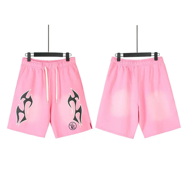 Hellstar Tribal Flame Print Washed Pink Streetwear Casual Shorts Hover Image