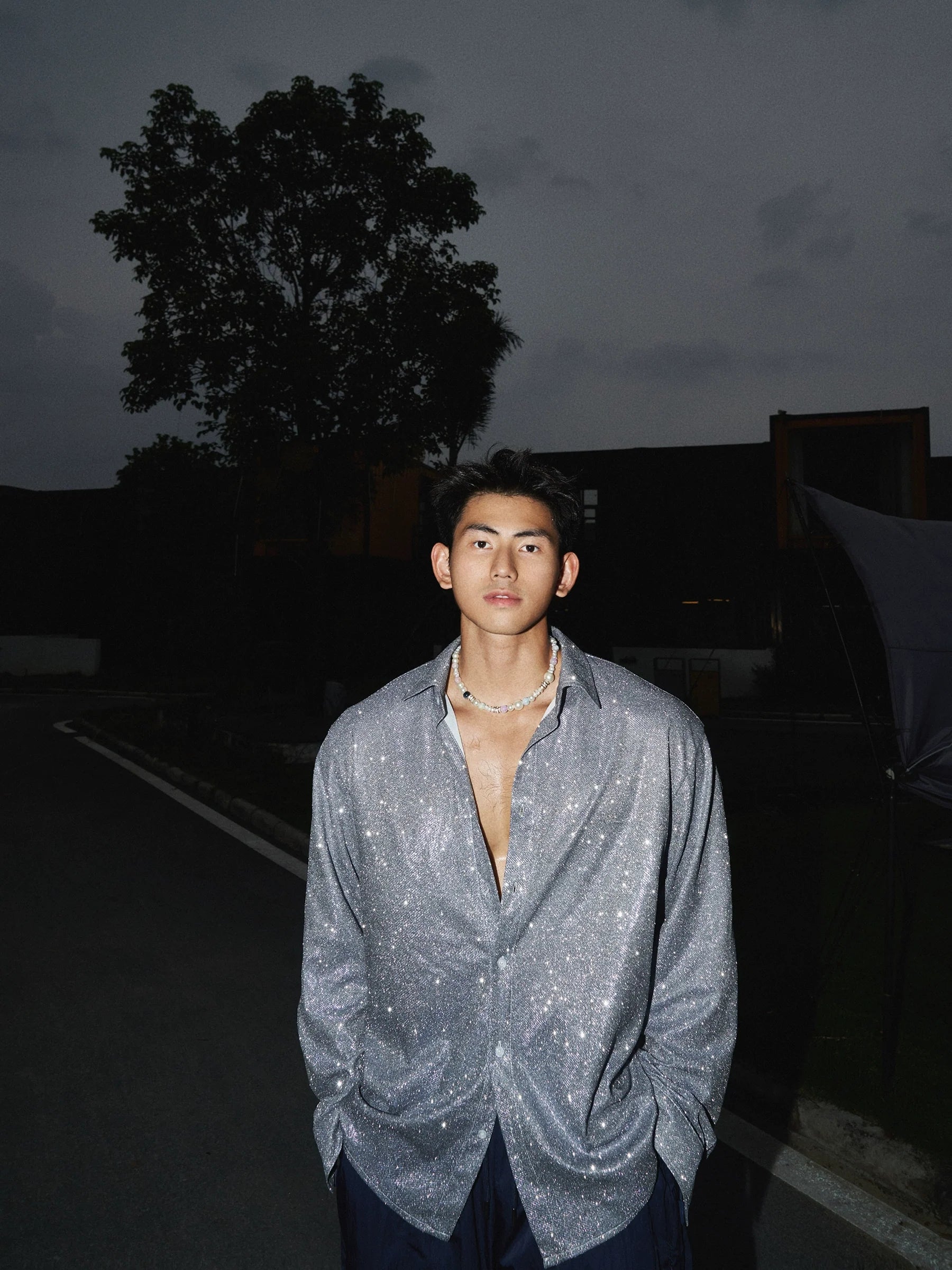 Glitter Shimmer Relaxed Fit Button-Up Shirt
