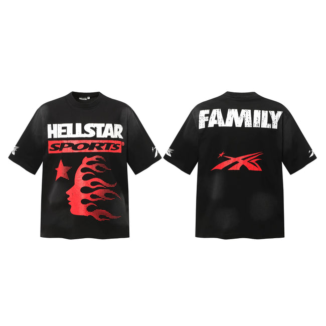 HELLSTAR Sports Family Red Flame‑Face Double‑Sided Short Sleeve Tee Black Streetwear T‑Shirt Hover Image