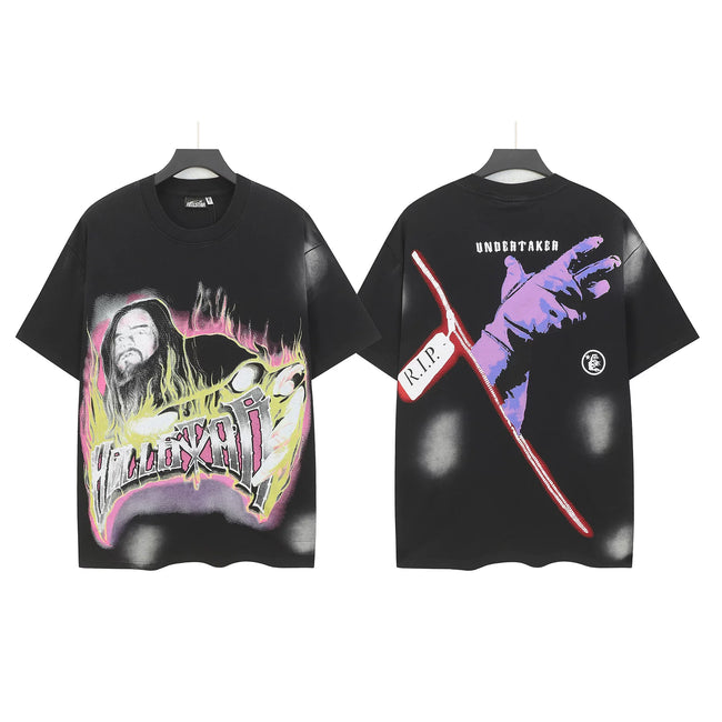 HELLSTAR RIP Metal Portrait Purple‑Hand Double‑Sided Short Sleeve Tee Black Streetwear T‑Shirt Hover Image