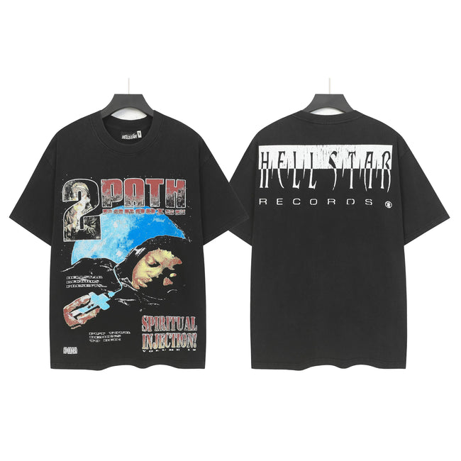 HELLSTAR "2 Path Spiritual Injection" Space Portrait Double‑Sided Short Sleeve Tee Black Washed Streetwear T‑Shirt Hover Image