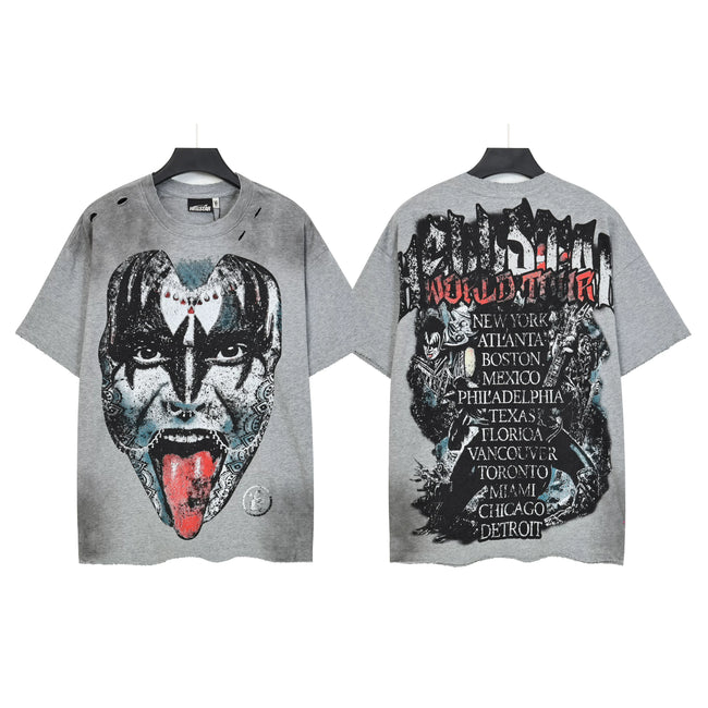 HELLSTAR Distressed Rock Icon Face World Tour Double‑Sided Short Sleeve Tee Grey Washed Streetwear T‑Shirt Hover Image