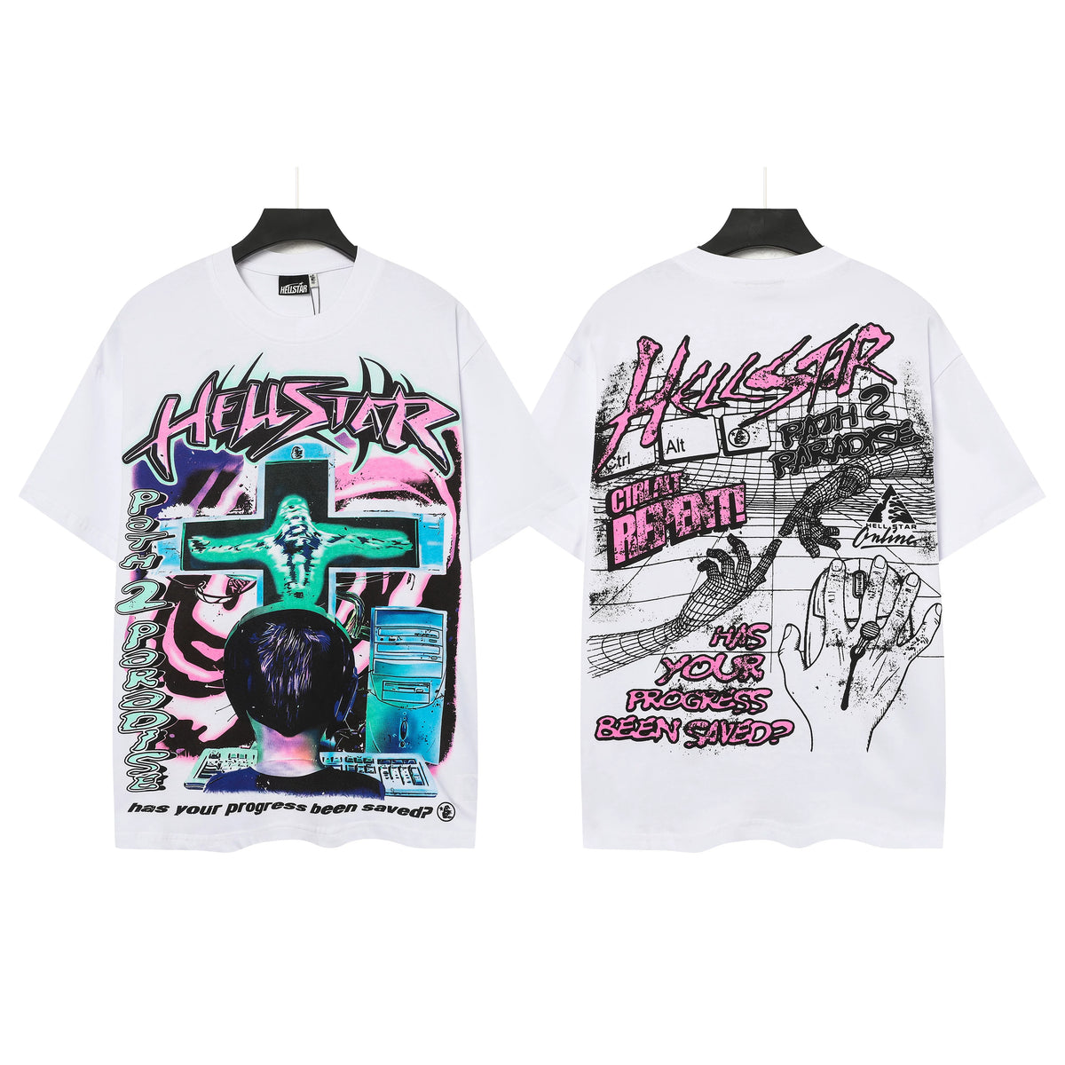 HELLSTAR Cross Surreal Collage Double‑Sided Vintage Washed Short Sleeve Tee White Streetwear T‑Shirt