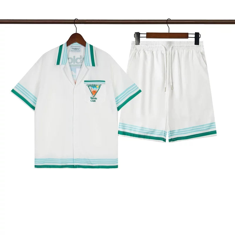 Casablanca White Green Trim Tennis Club Graphic Shirt & Shorts Two Piece Set