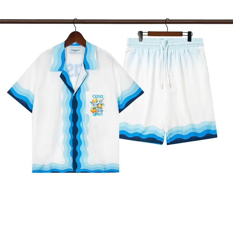 Casablanca Blue Wave Placket Resort Shirt & Shorts Two Piece Set