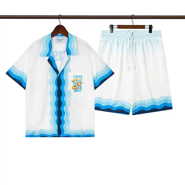Casablanca Blue Wave Placket Resort Shirt & Shorts Two Piece Set Hover Image