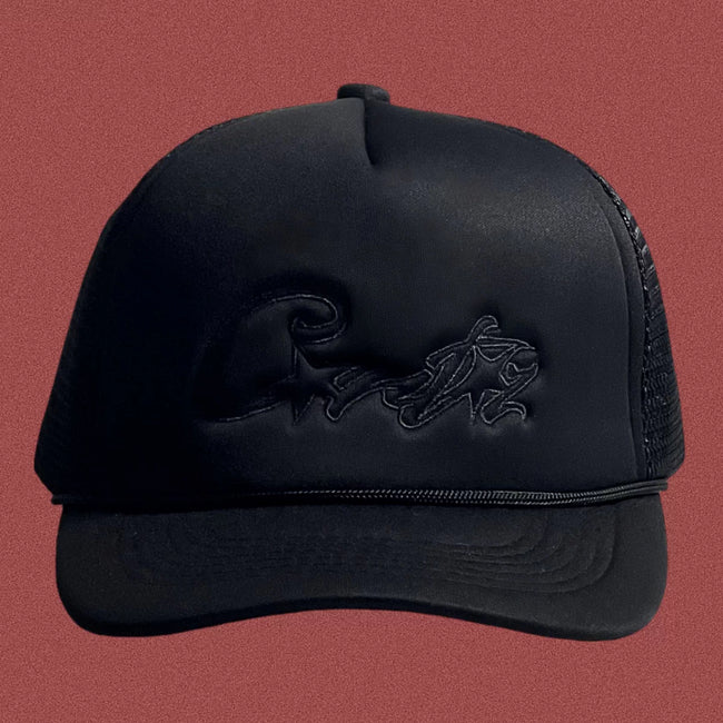 Corteiz Vintage All-Black Trucker Hat with Tonal Script and Star Graphic Hover Image