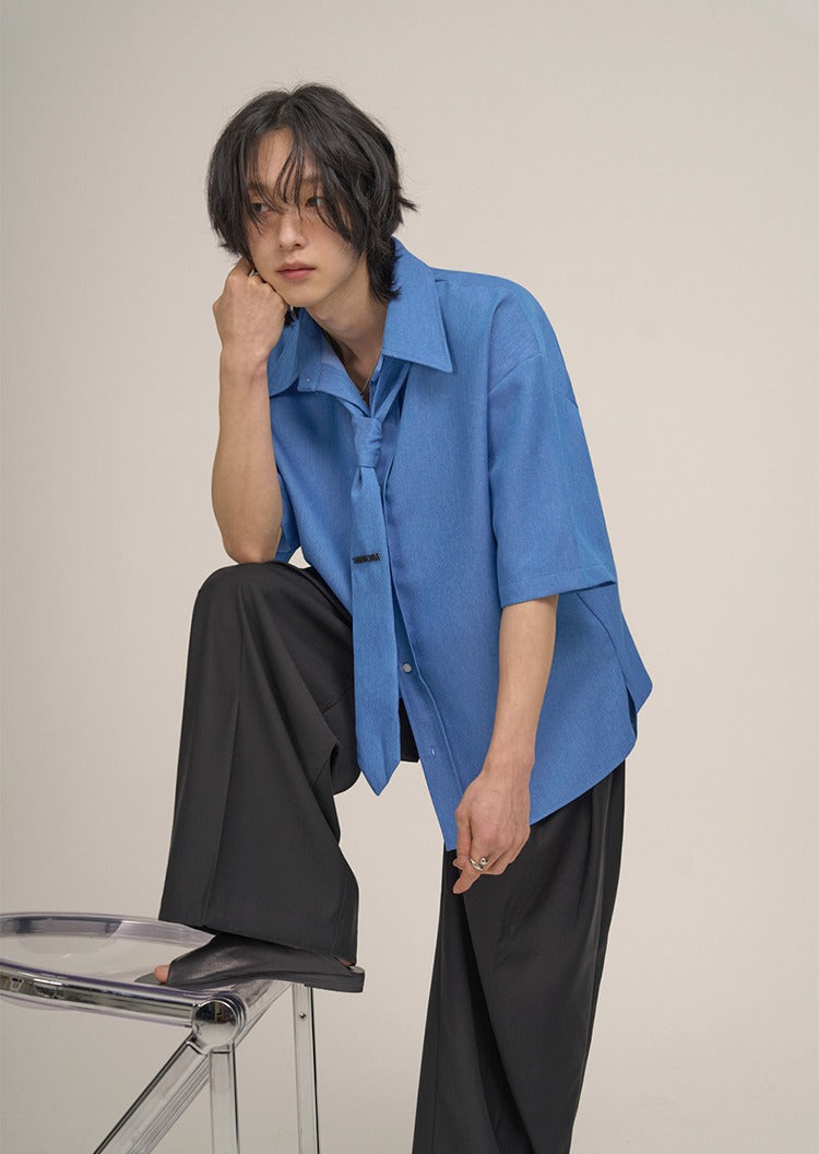 Short Sleeve Loose Fit Shirt with Tie