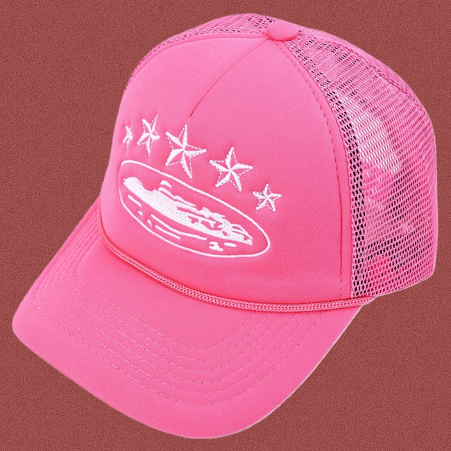 Corteiz Vintage Hot Pink Trucker Hat with White Stars and Cruise Ship Graphic Hover Image