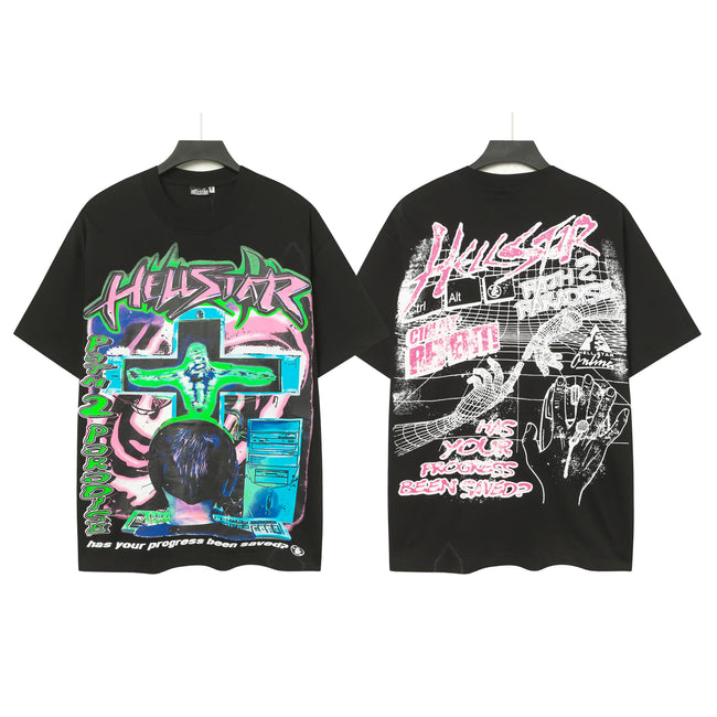 HELLSTAR Cross Surreal Collage Double‑Sided Vintage Washed Short Sleeve Tee Black Streetwear T‑Shirt Hover Image