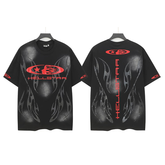 HELLSTAR Red Oval Logo Tribal Flame Double‑Sided Short Sleeve Tee Black Streetwear T‑Shirt Hover Image