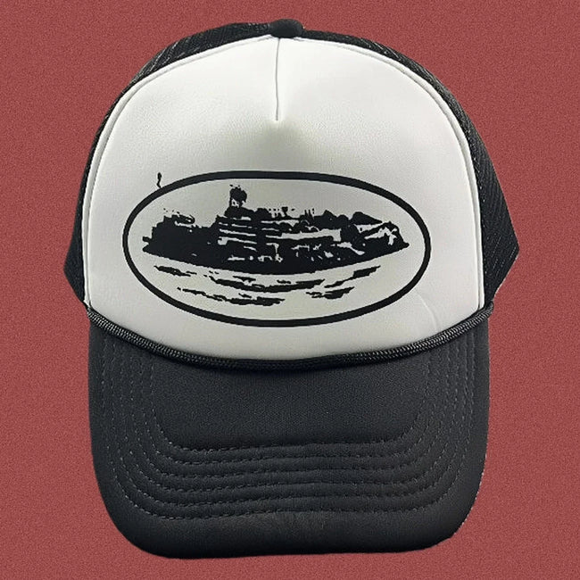 Cortiez Bold Black Oval Ship Logo Trucker Hat - White Hover Image