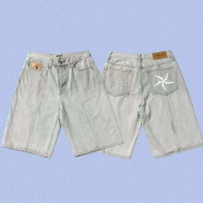 Corteiz Back Star Embroidery Heavyweight Denim Shorts Grey Hover Image