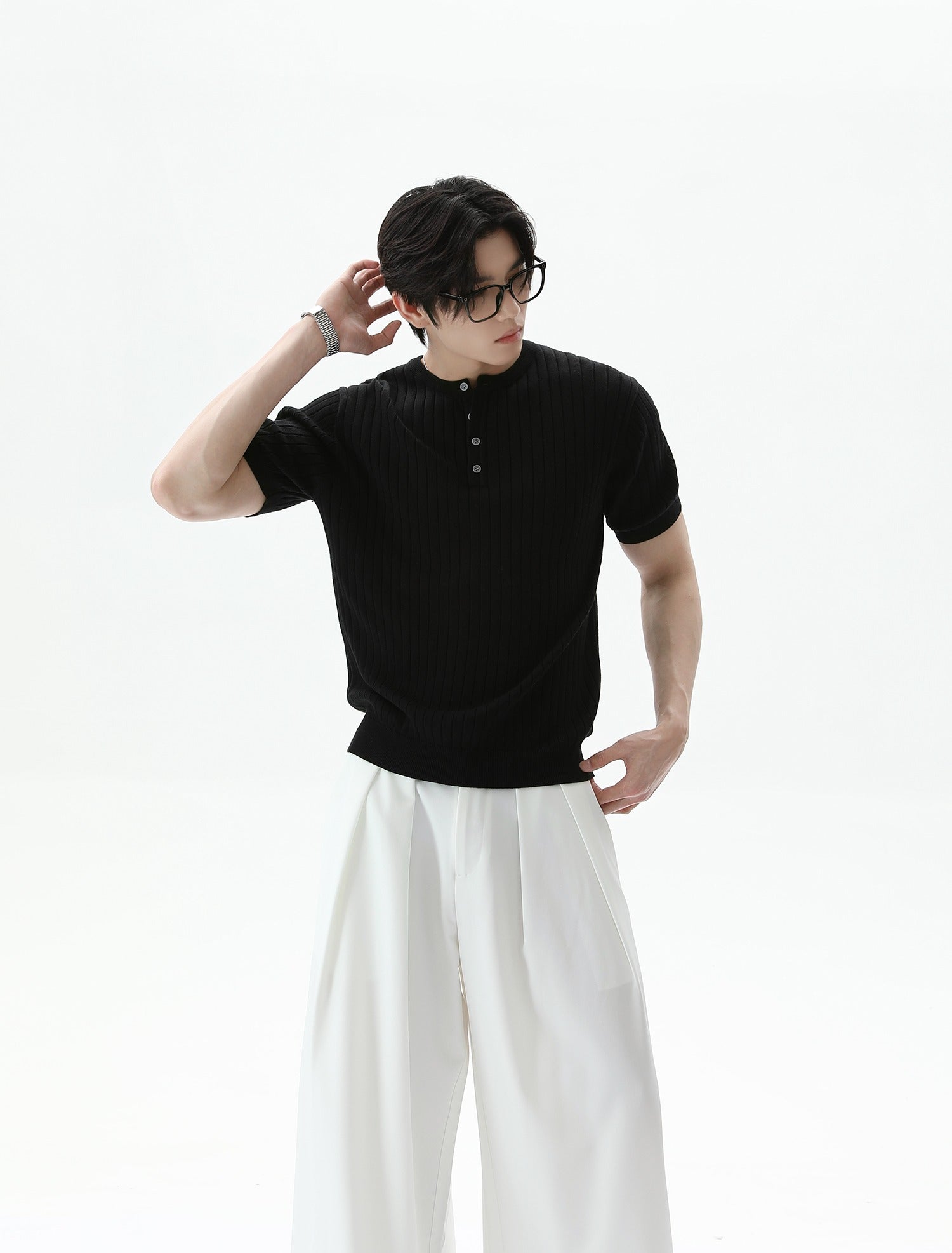 Ribbed Knit Short Sleeve Henley Shirt