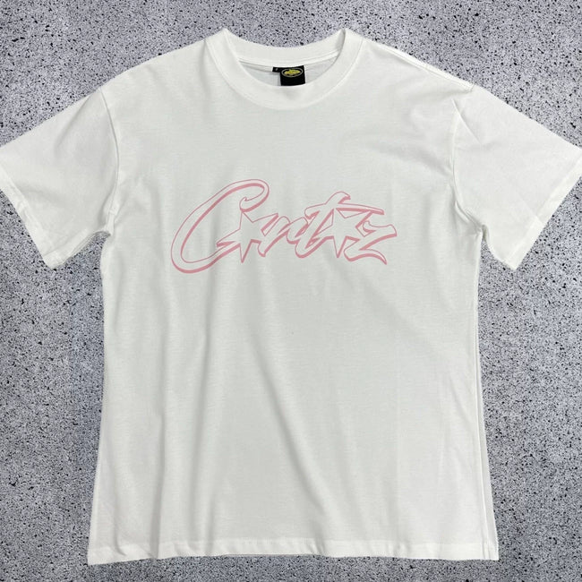 Pink Accent Star-Logo Graphic Tee - White & Pink Streetwear T-Shirt Hover Image
