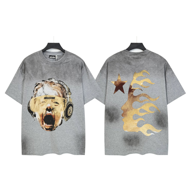 HELLSTAR Gold Foil Portrait Double‑Sided Vintage Washed Short Sleeve Tee Grey Streetwear T‑Shirt Hover Image