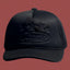 All-Black Vintage Trucker Hat with Tonal Stars and Cruise Ship Graphic