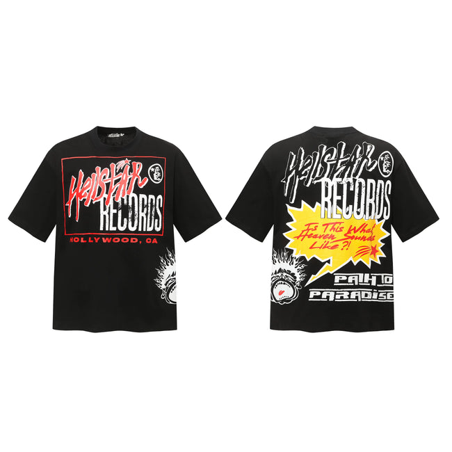 HELLSTAR Records Comic Speech Bubble Double‑Sided Vintage Washed Short Sleeve Tee Black Streetwear T‑Shirt Hover Image